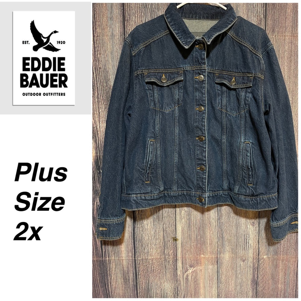 Eddie Bauer Women's Plus 2XL Denim Jacket Blue Button Pockets Long Sleeve Casual